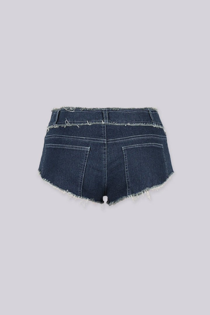 Ultra low rise distressed denim shorts featuring lace up details and sliver O ring hardware