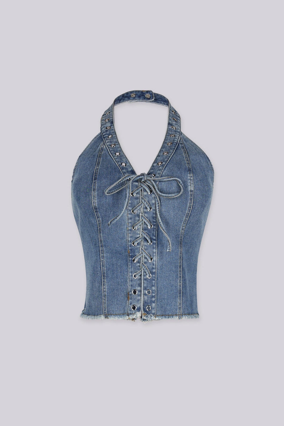Washed denim halter neck crop top featuring corset-style, Adjustable lace-up front tie