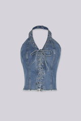 Washed denim halter neck crop top featuring corset-style, Adjustable lace-up front tie