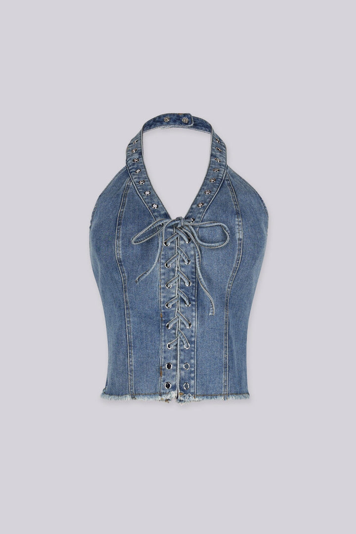 Washed denim halter neck crop top featuring corset-style, Adjustable lace-up front tie