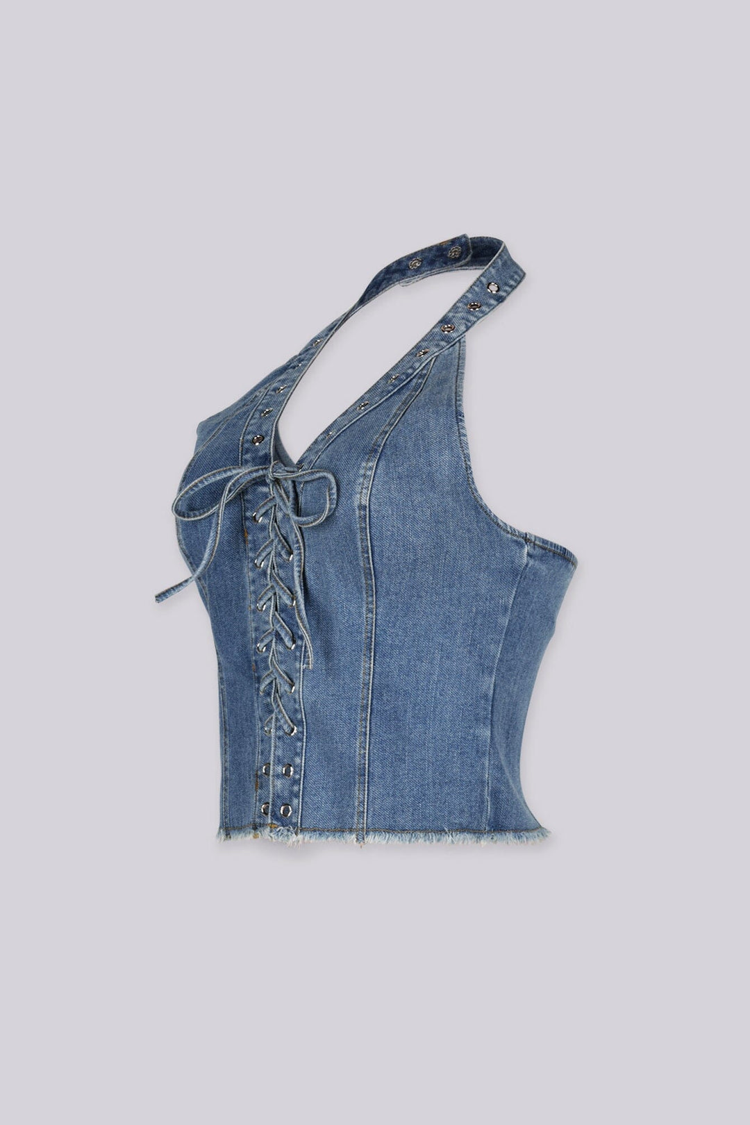Washed denim halter neck crop top featuring corset-style, Adjustable lace-up front tie
