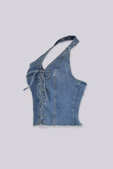 Washed denim halter neck crop top featuring corset-style, Adjustable lace-up front tie