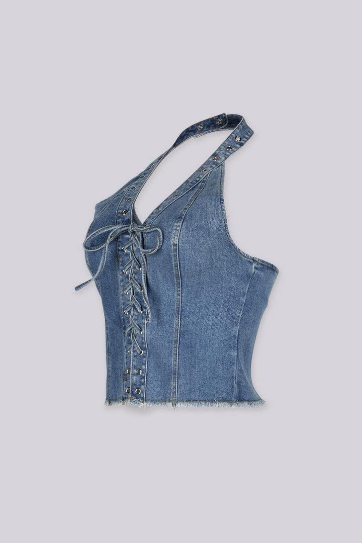 Washed denim halter neck crop top featuring corset-style, Adjustable lace-up front tie