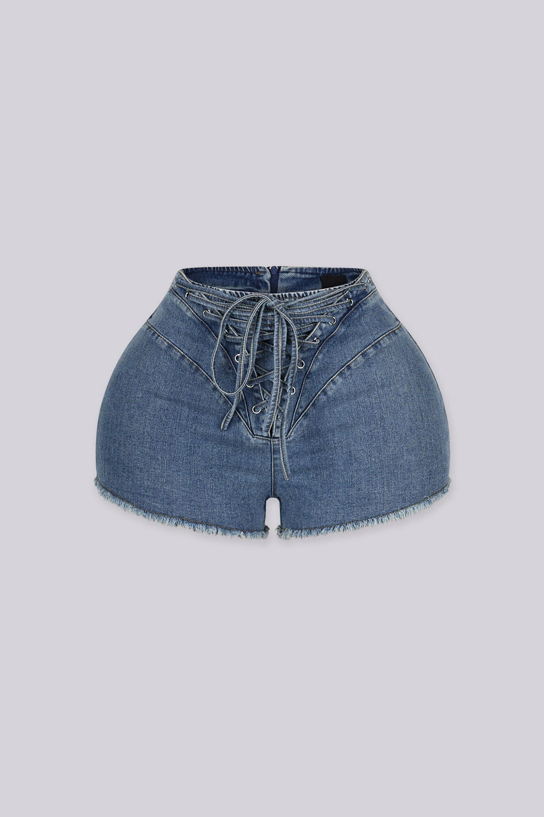 Denim short featuring a statement lace-up front fly