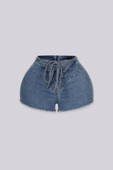 Denim short featuring a statement lace-up front fly