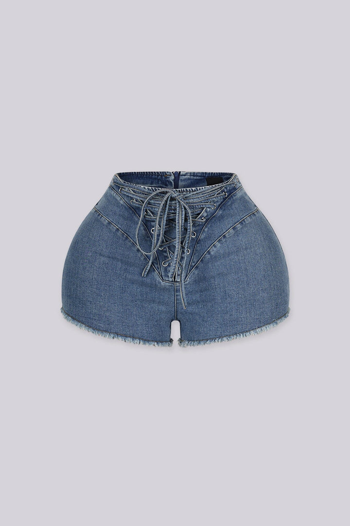 Denim short featuring a statement lace-up front fly
