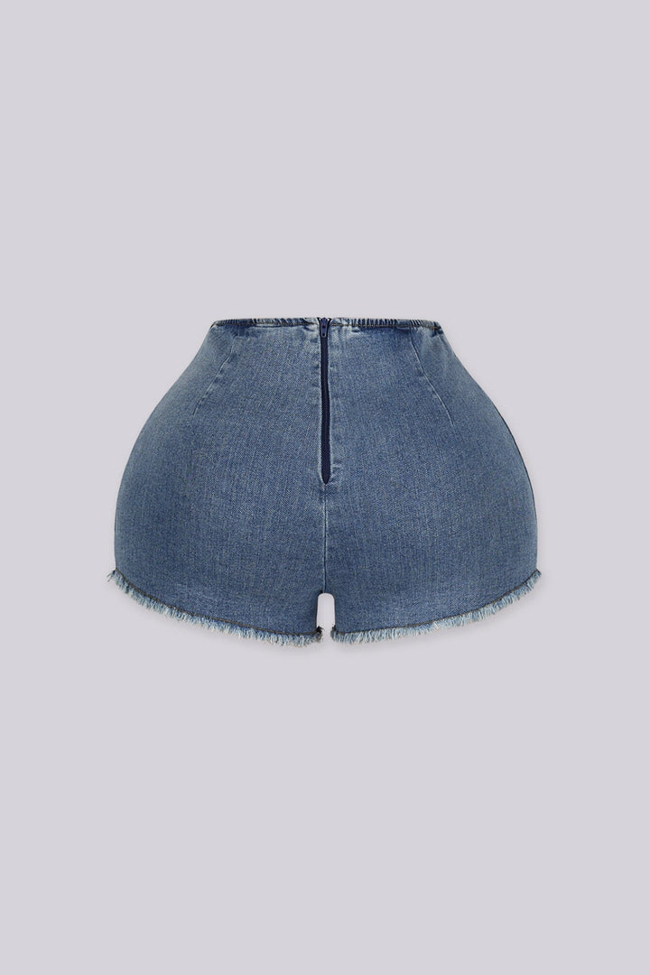 Denim short featuring a statement lace-up front fly