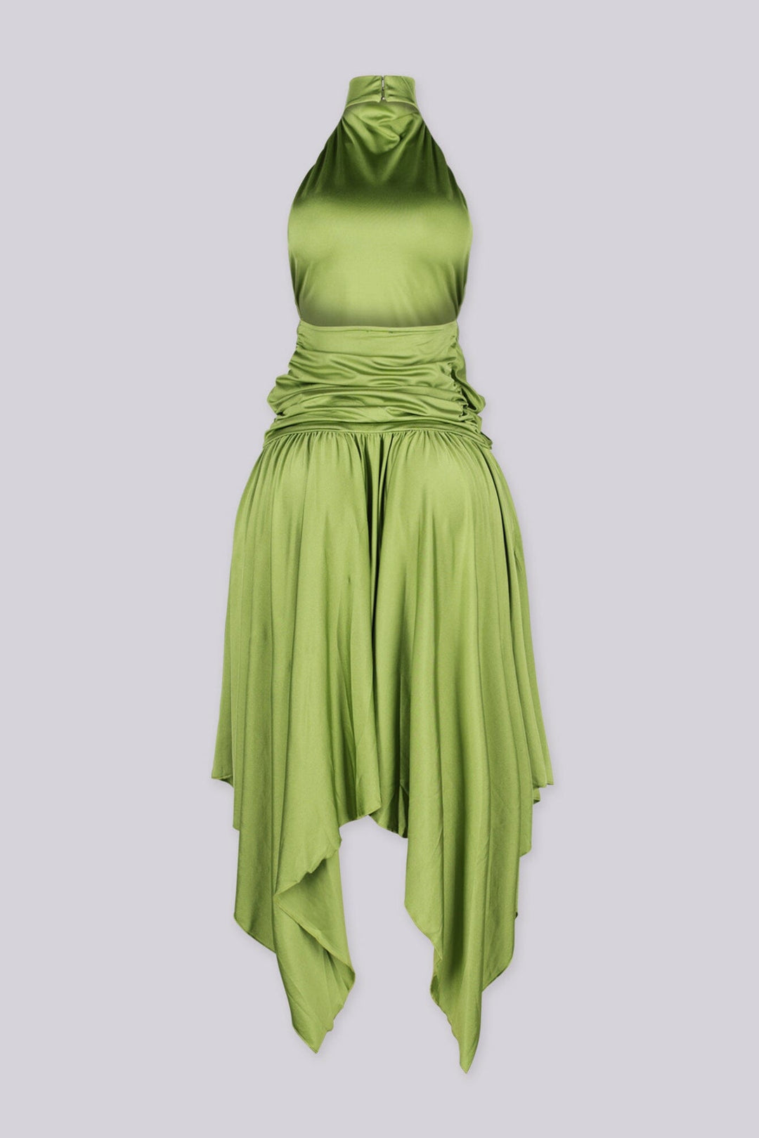 Mock neck halter midi dress with flowy asymmetrical finish