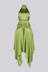 Mock neck halter midi dress with flowy asymmetrical finish