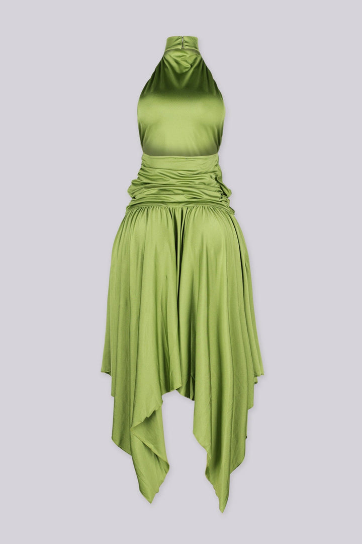 Mock neck halter midi dress with flowy asymmetrical finish