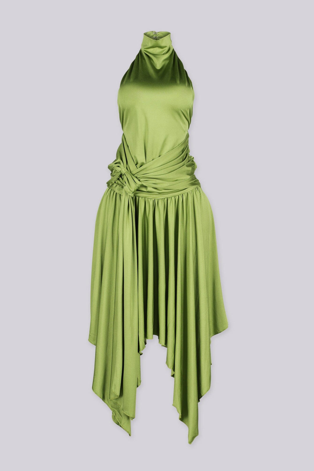 Mock neck halter midi dress with flowy asymmetrical finish