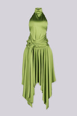 Mock neck halter midi dress with flowy asymmetrical finish