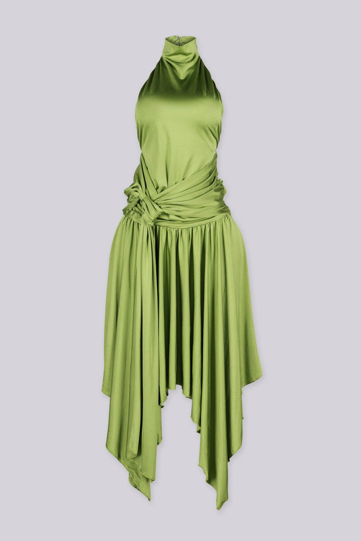 Mock neck halter midi dress with flowy asymmetrical finish