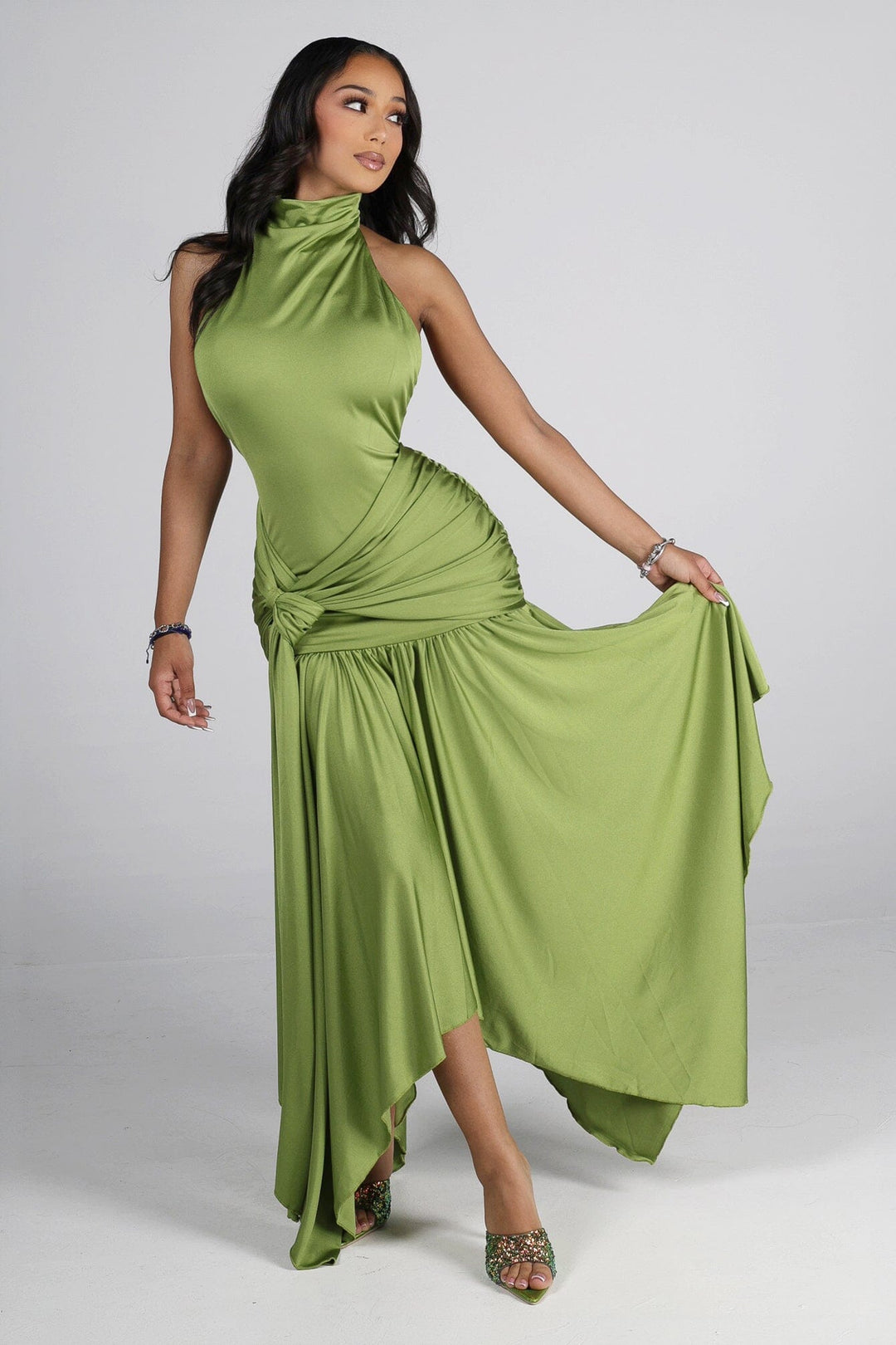 Mock neck halter midi dress with flowy asymmetrical finish