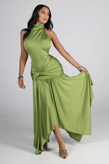 Mock neck halter midi dress with flowy asymmetrical finish