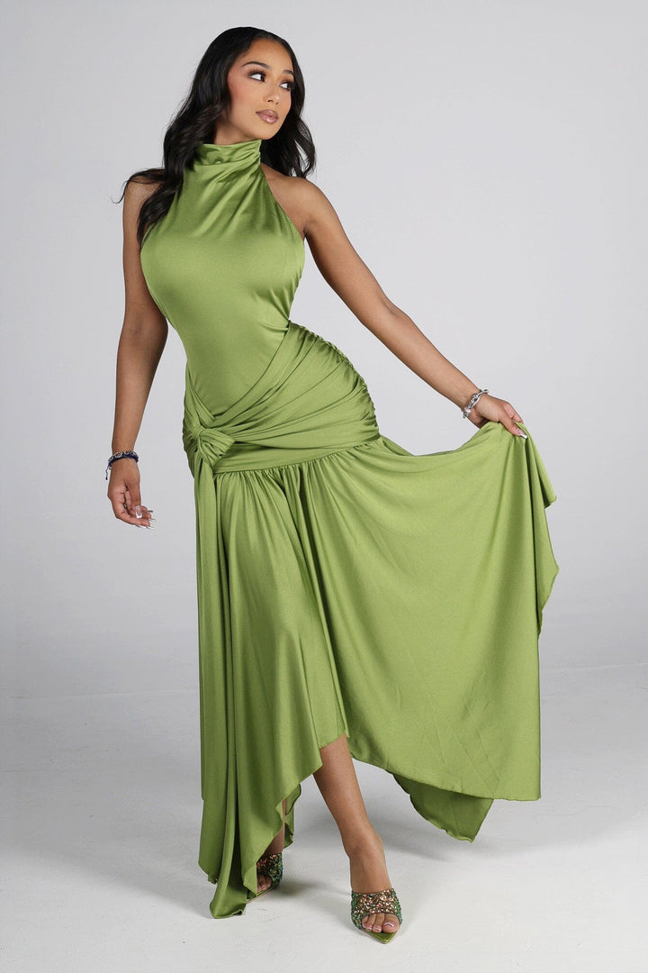 Mock neck halter midi dress with flowy asymmetrical finish
