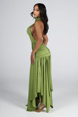 Mock neck halter midi dress with flowy asymmetrical finish