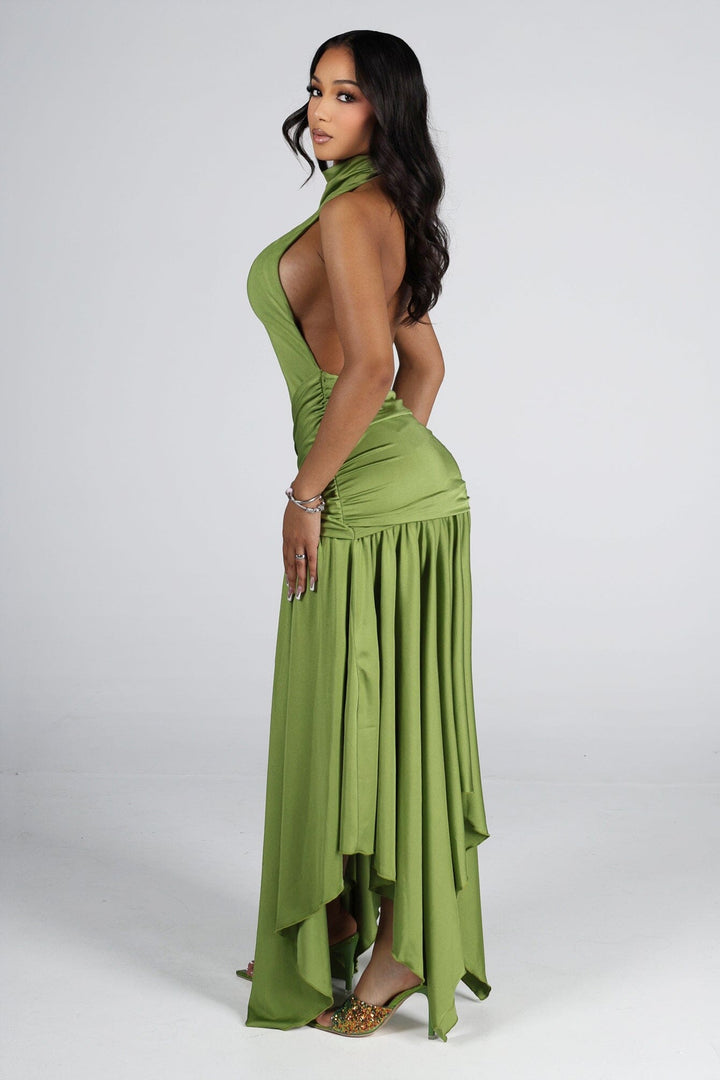 Mock neck halter midi dress with flowy asymmetrical finish