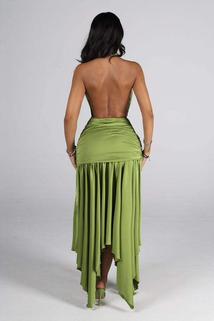 Mock neck halter midi dress with flowy asymmetrical finish