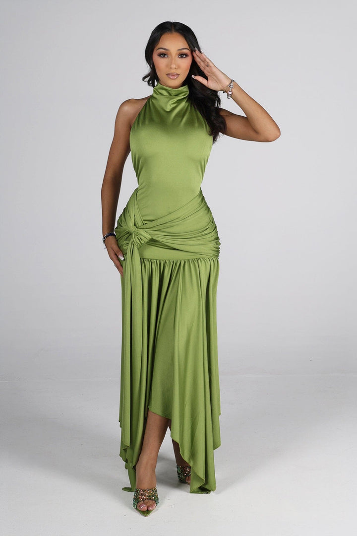 Mock neck halter midi dress with flowy asymmetrical finish