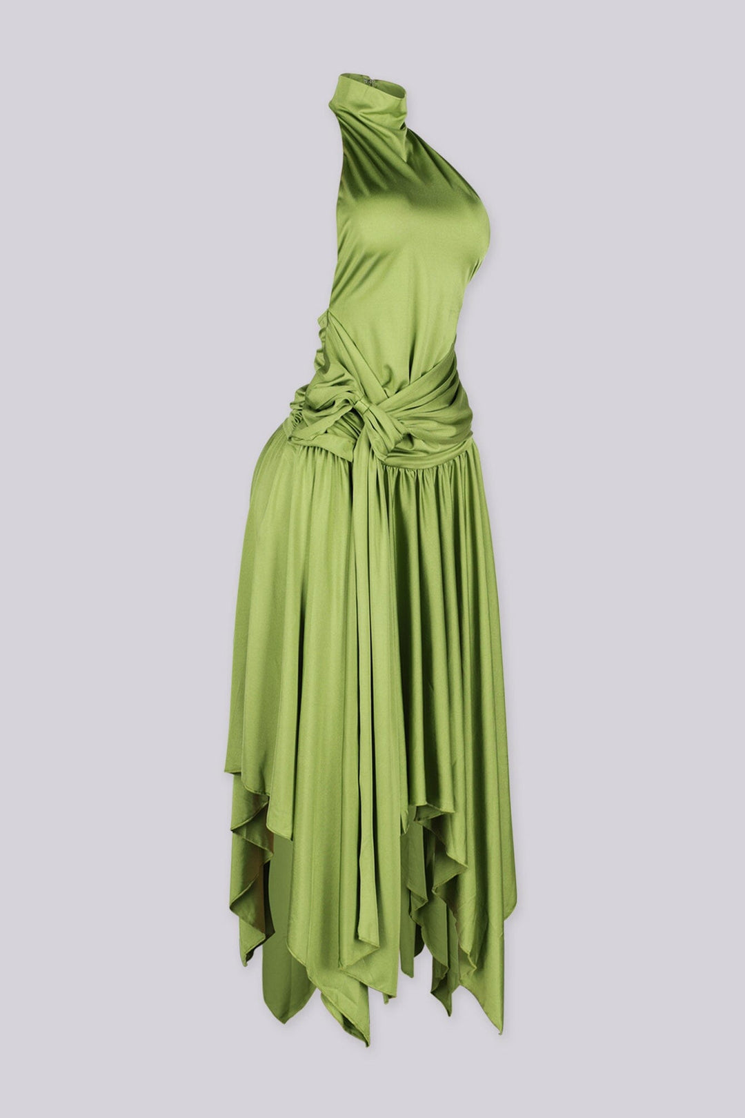 Mock neck halter midi dress with flowy asymmetrical finish