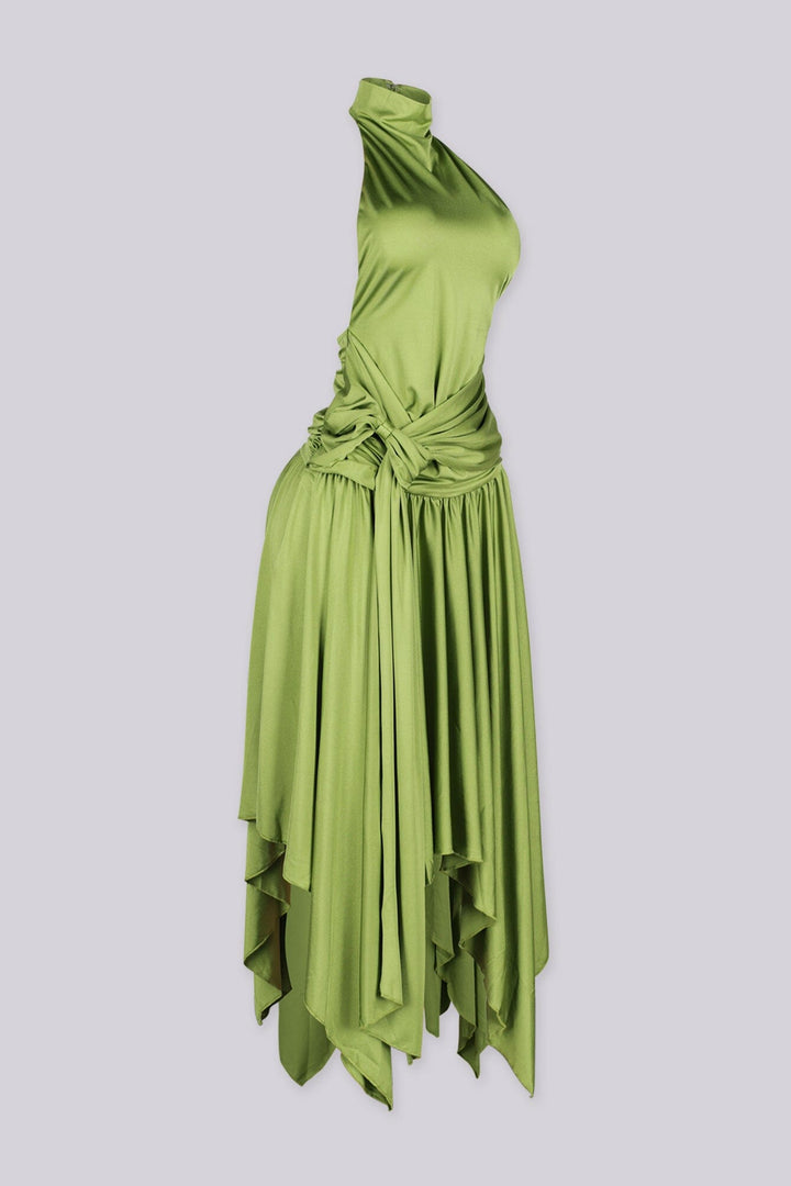 Mock neck halter midi dress with flowy asymmetrical finish