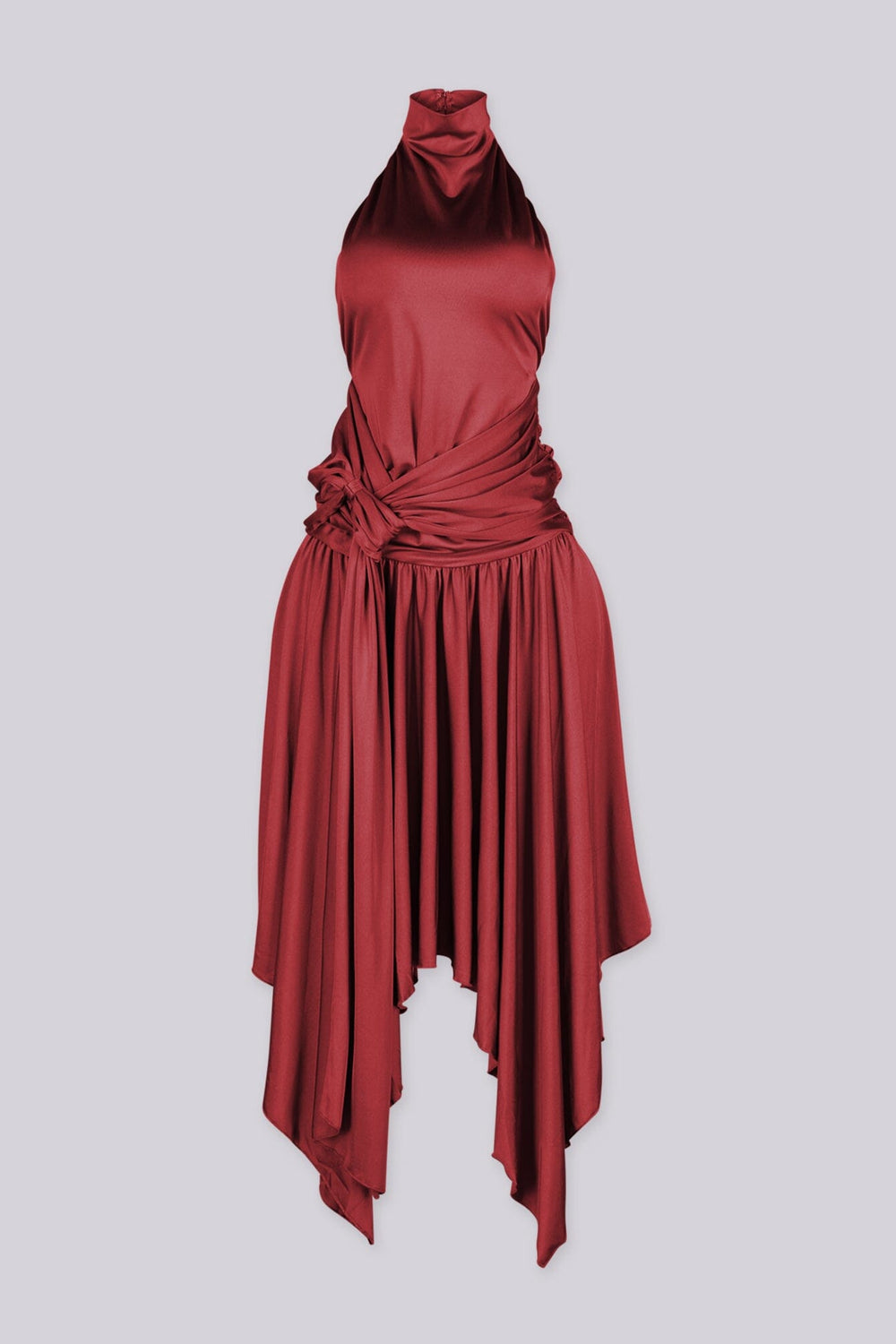 Mock neck halter midi dress with flowy asymmetrical finish