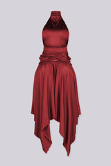 Mock neck halter midi dress with flowy asymmetrical finish