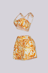 Floral print bra top with adjustable tie shoulder straps, Matching high rise loose fit shorts with an elasticized back waistband