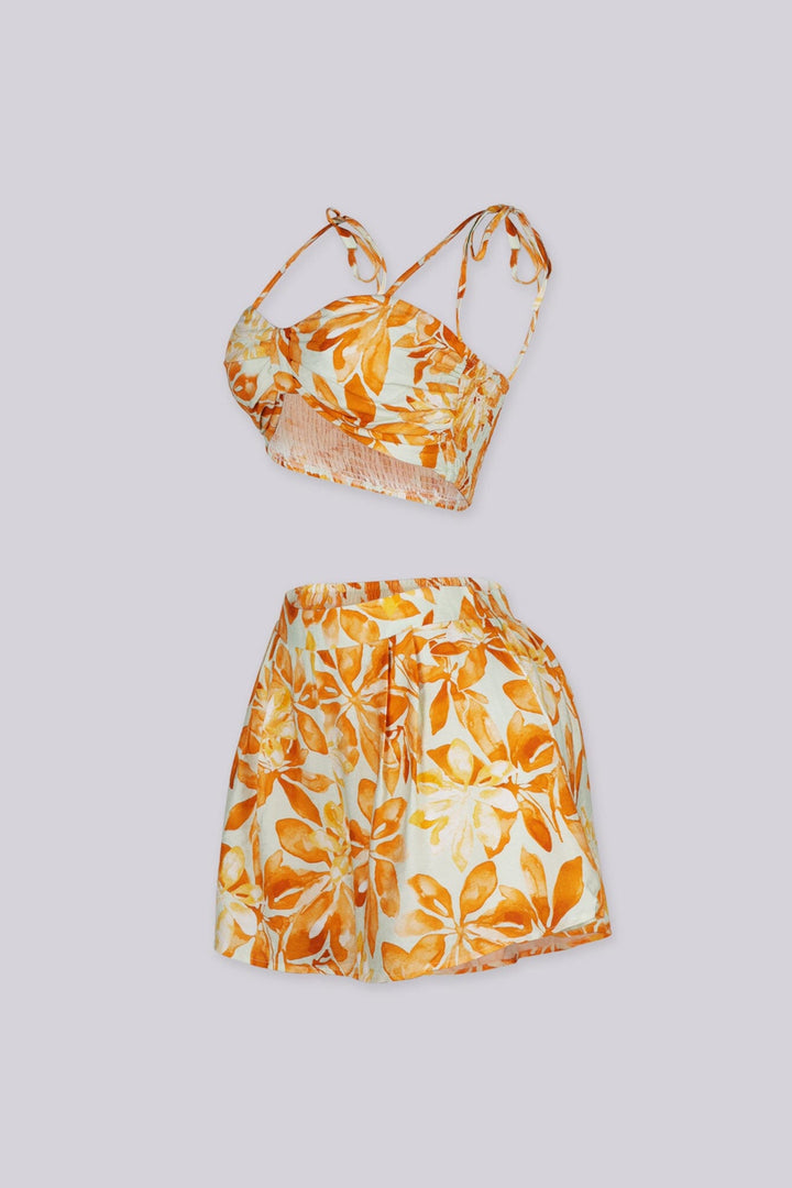 Floral print bra top with adjustable tie shoulder straps, Matching high rise loose fit shorts with an elasticized back waistband