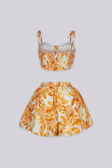 Floral print bra top with adjustable tie shoulder straps, Matching high rise loose fit shorts with an elasticized back waistband