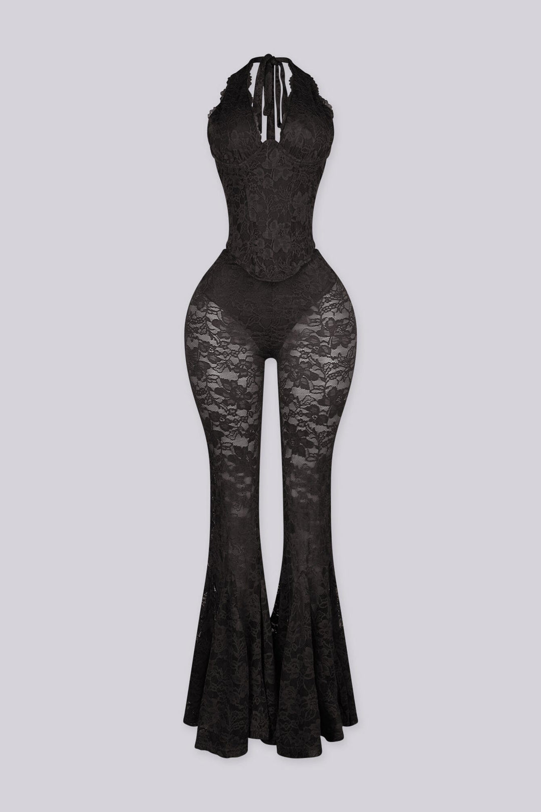 Lace trim halter bustier top with deep V plunge, Sheer lace wide leg flare pants with underwear lining attached