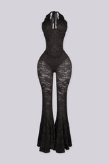 Lace trim halter bustier top with deep V plunge, Sheer lace wide leg flare pants with underwear lining attached