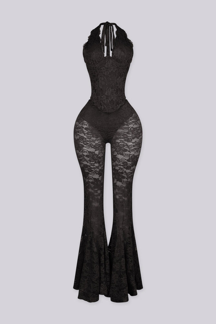 Lace trim halter bustier top with deep V plunge, Sheer lace wide leg flare pants with underwear lining attached