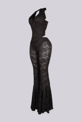 Lace trim halter bustier top with deep V plunge, Sheer lace wide leg flare pants with underwear lining attached