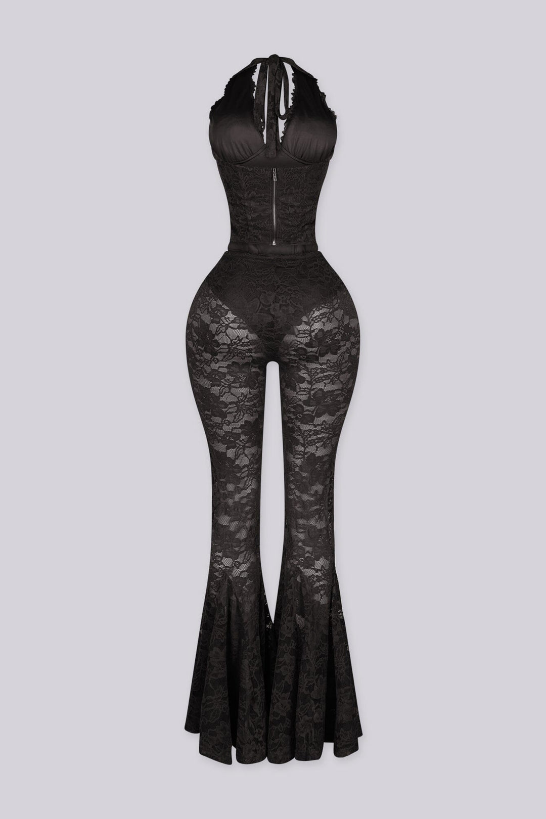 Lace trim halter bustier top with deep V plunge, Sheer lace wide leg flare pants with underwear lining attached