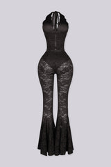 Lace trim halter bustier top with deep V plunge, Sheer lace wide leg flare pants with underwear lining attached