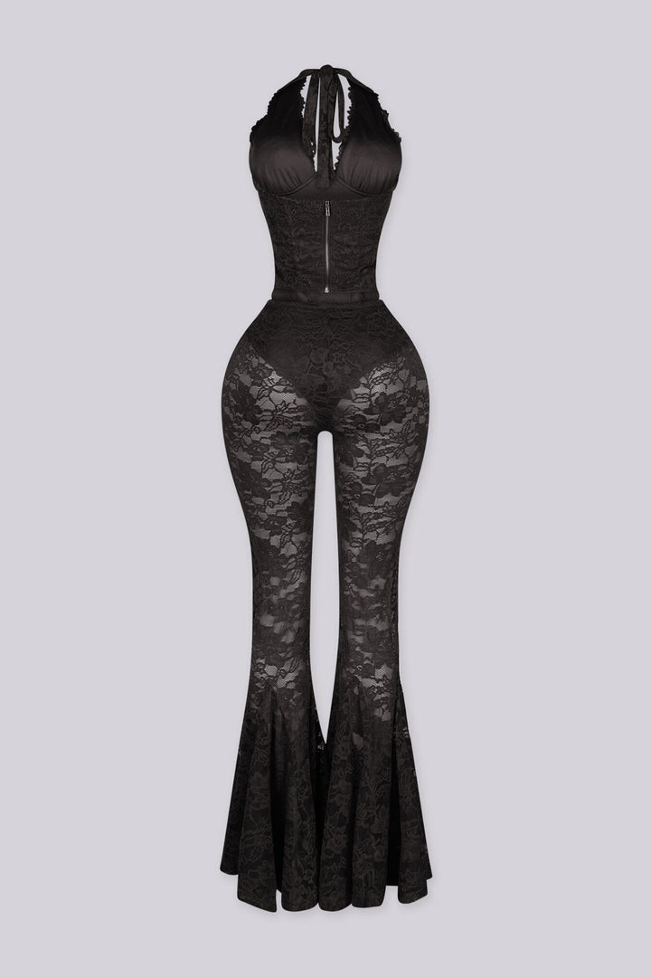 Lace trim halter bustier top with deep V plunge, Sheer lace wide leg flare pants with underwear lining attached