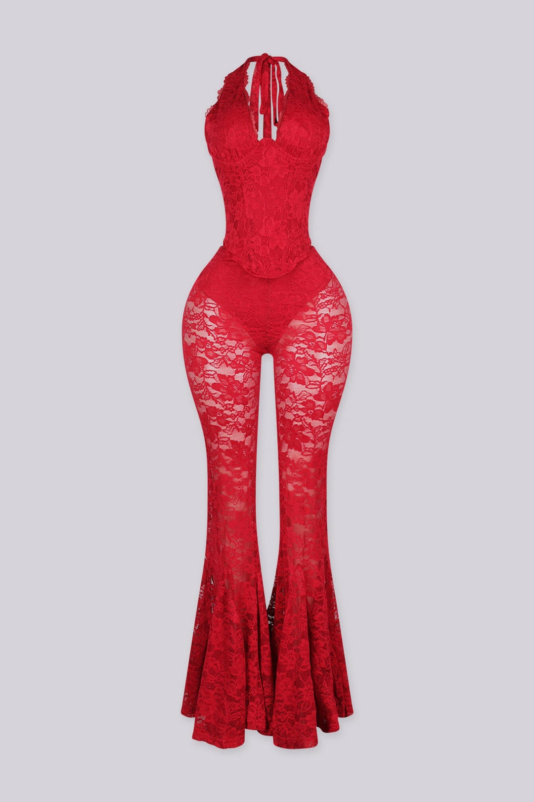 Lace trim halter bustier top with deep V plunge, Sheer lace wide leg flare pants with underwear lining attached