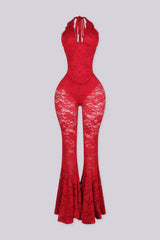 Lace trim halter bustier top with deep V plunge, Sheer lace wide leg flare pants with underwear lining attached