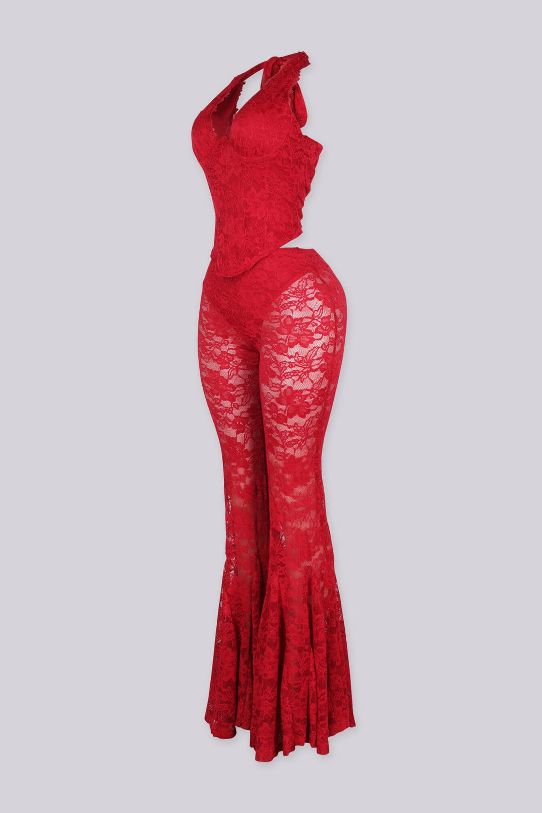 Lace trim halter bustier top with deep V plunge, Sheer lace wide leg flare pants with underwear lining attached