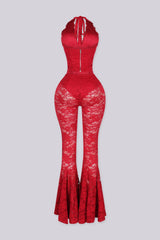 Lace trim halter bustier top with deep V plunge, Sheer lace wide leg flare pants with underwear lining attached