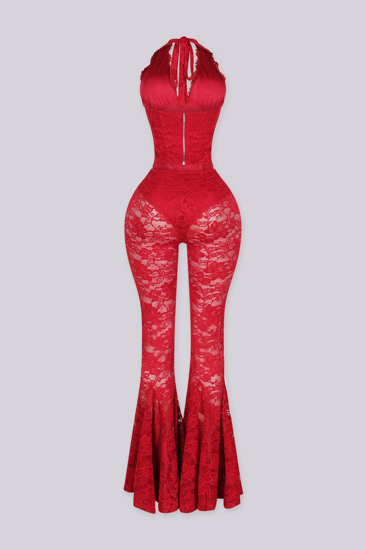 Lace trim halter bustier top with deep V plunge, Sheer lace wide leg flare pants with underwear lining attached