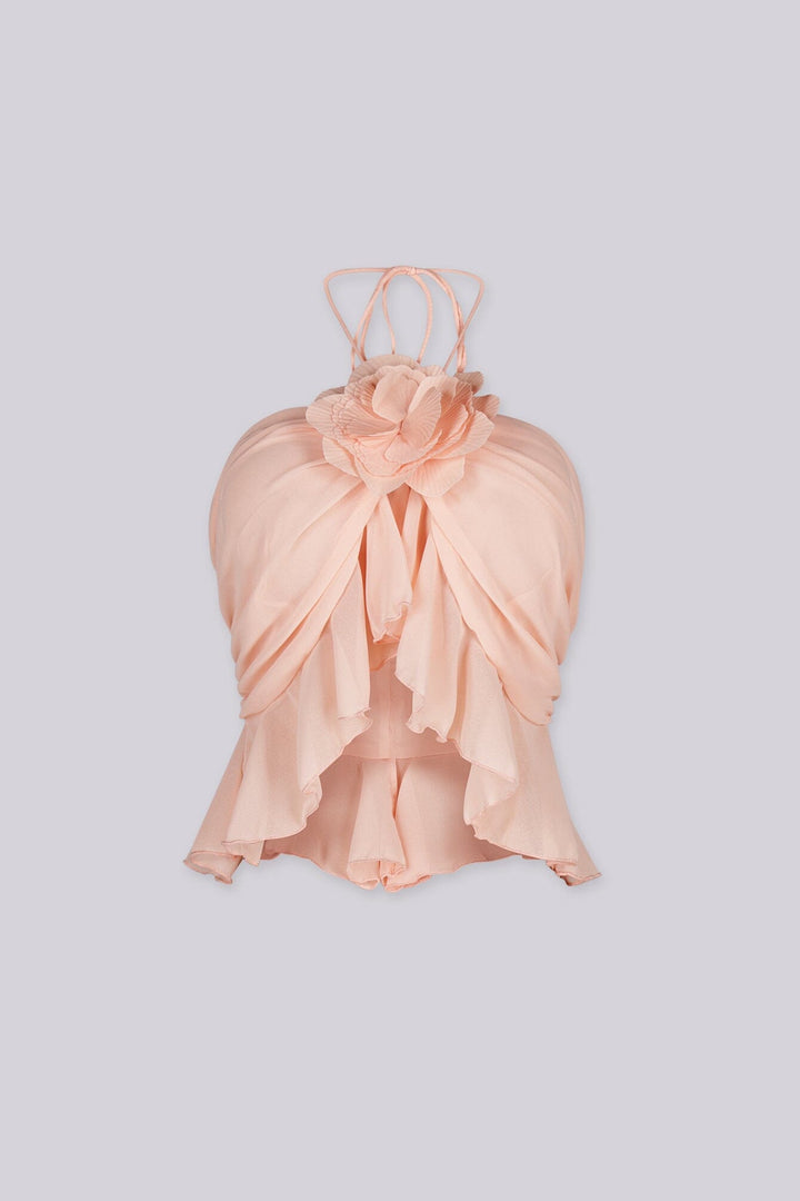 Chiffon ruffle halter neck crop top with 3D floral detail at the center bust
Featuring covered mini buttons at the back