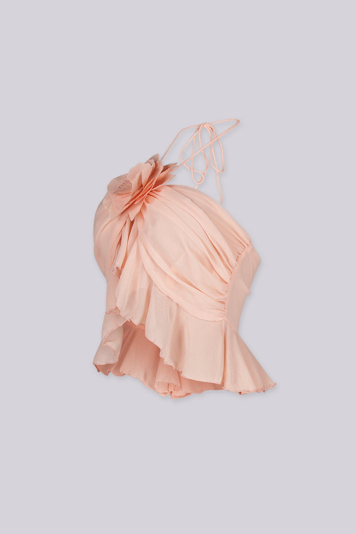 Chiffon ruffle halter neck crop top with 3D floral detail at the center bust
Featuring covered mini buttons at the back