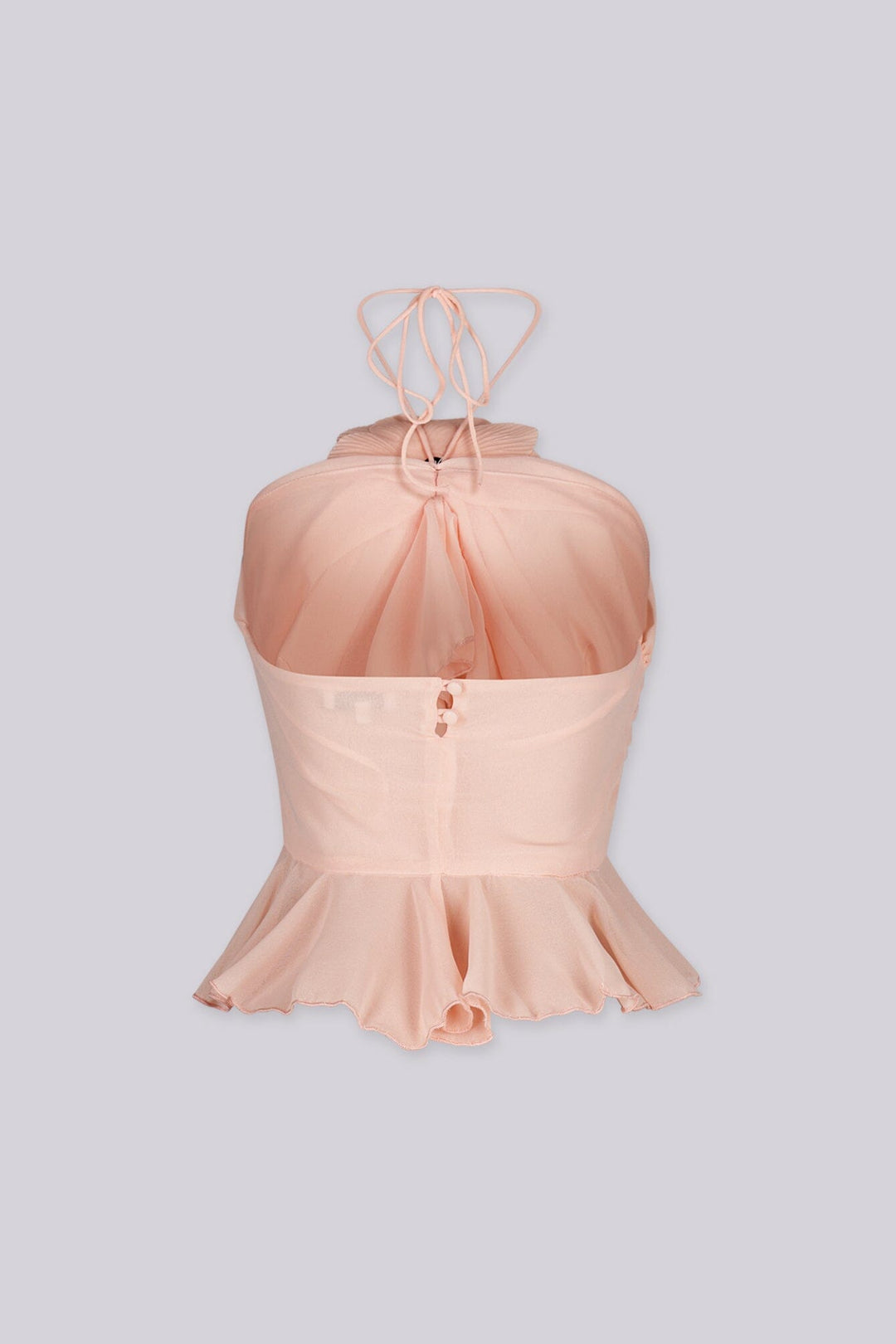 Chiffon ruffle halter neck crop top with 3D floral detail at the center bust
Featuring covered mini buttons at the back