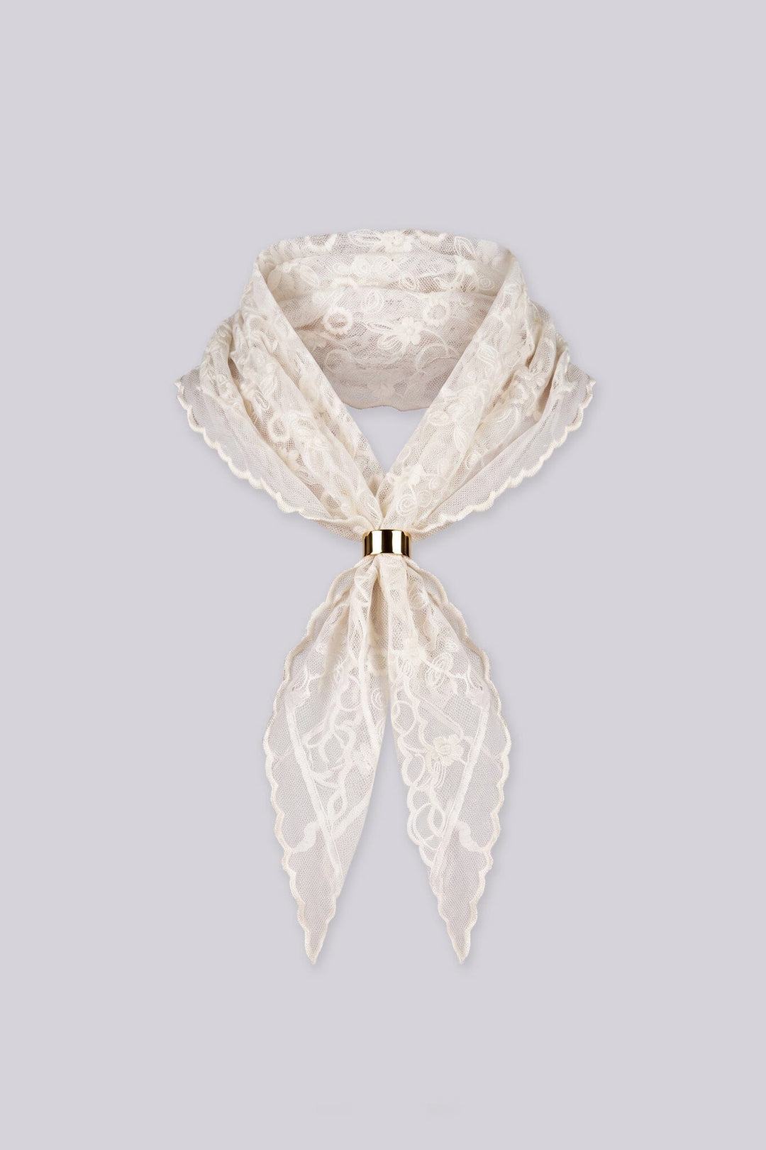 Delicate sheer lace scarf in champagne/taupe tone, Floral and circle embroidered pattern with scalloped lace trim