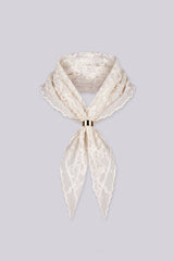 Delicate sheer lace scarf in champagne/taupe tone, Floral and circle embroidered pattern with scalloped lace trim