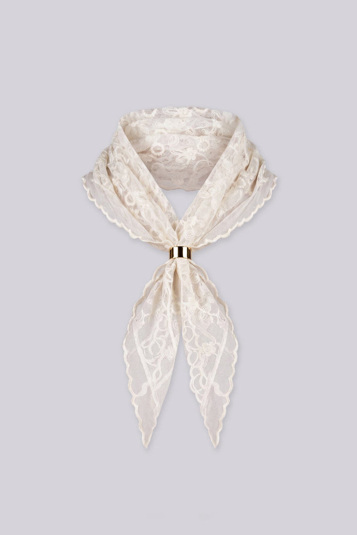 Delicate sheer lace scarf in champagne/taupe tone, Floral and circle embroidered pattern with scalloped lace trim