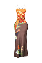 EDGE — brown floral print satin tank maxi dress, front view flat lay